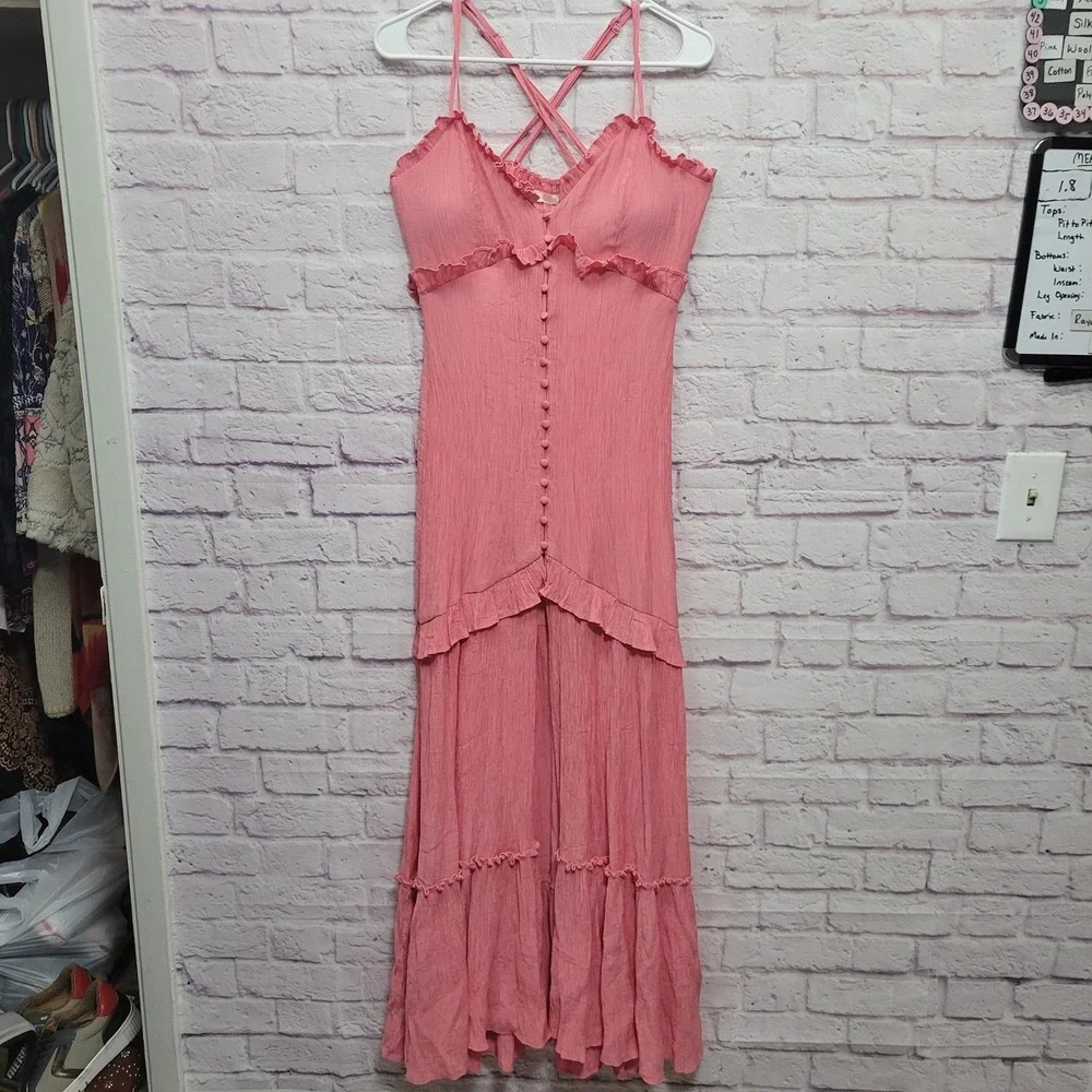 Luxxel Pink Front Slit Maxi Dress M CrissCross Spaghetti Straps‎ Tiered Boho